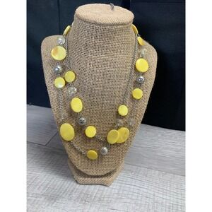Yellow Shell Disc Silver Chain Long Layering Station Necklace 40 Inch Multi Bead